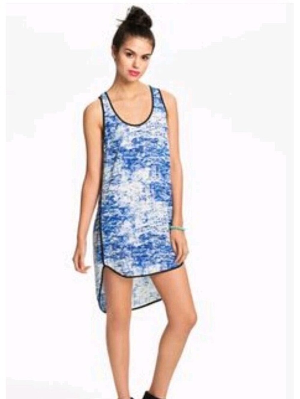 Rush Tank Top Dress Womens Medium Blue White Scoop Neck Sleeveless Unbalanced XS